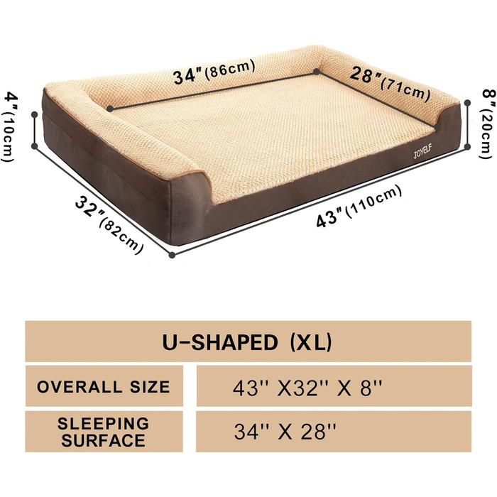 Ортопедичне ліжко для собак Joyelf середнього розміру, U-подібне диван з пінополіуретану знімний, пральний чохол та антиковзаюче дно для собак маленьких та середніх порід - (X-Large - 110*82*20см, Кофе)