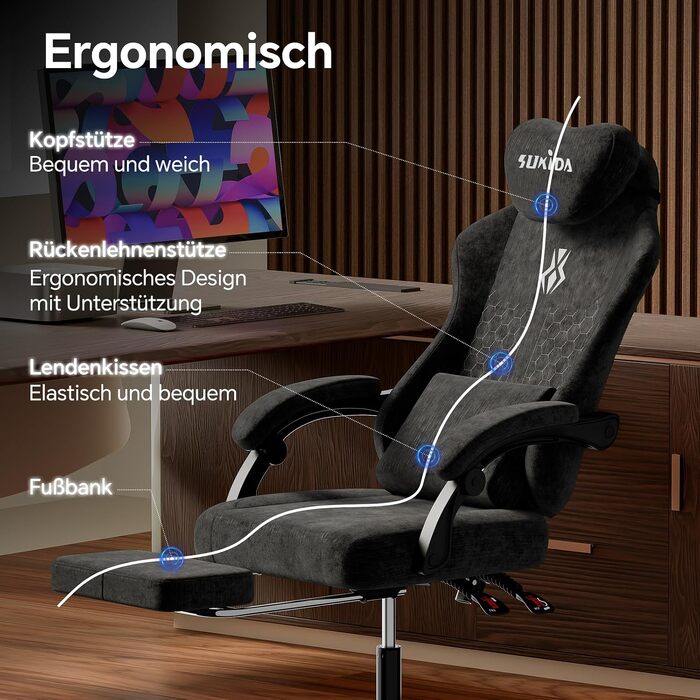 Ігрове крісло SUKIDA Ergonomic Pureblack: ергономічний офісний стілець з підскладною підставкою для ніг, підголівником та поперековою підтримкою, тканинна оббивка