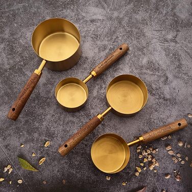 8-Piece Gold Measuring Cup and Spoon Set with Scale, BRIIEC Wooden Handle, Stainless Steel, Dry and Liquid Measuring Cups for Cooking, Baking