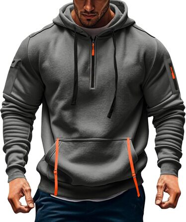 Світшот чоловічий з капюшоном на половинну блискавку, вінтажний, базовий, з довгими рукавами, оверсайз, великі розміри, армійський, з кількома кишенями (4XL, #7 темно-сірий)