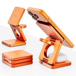 MagSafe зарядна станція 3-в-1: бездротовий зарядний пристрій 25W для iPhone 12-17, Apple Watch, AirPods (Qi, складна, помаранчева)