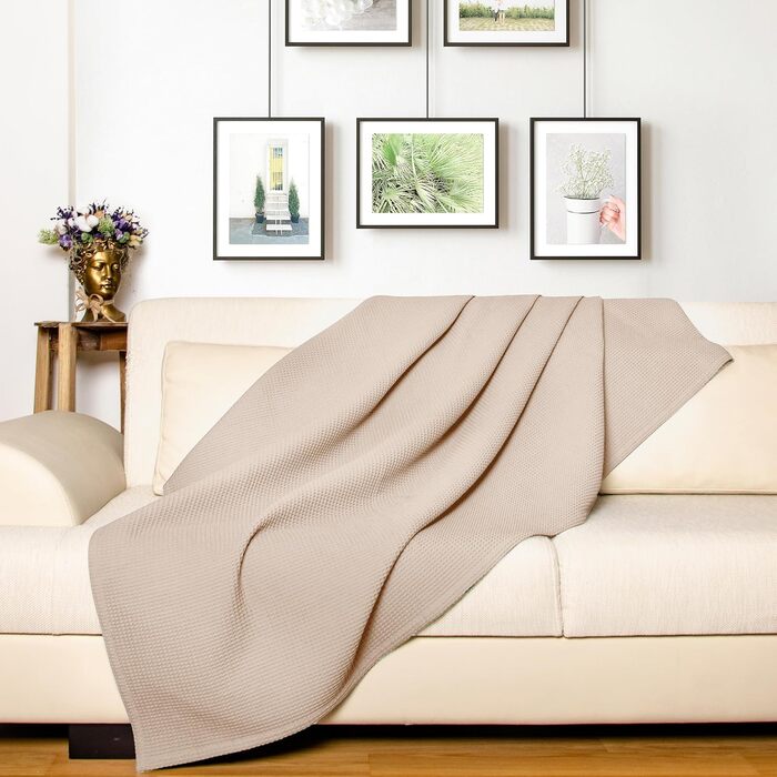 Плед LAYNENBURG Premium 180x220 см, вафельна тканина, 100% бавовна, бежевий колір. Плед для ліжка, дивана, софи.