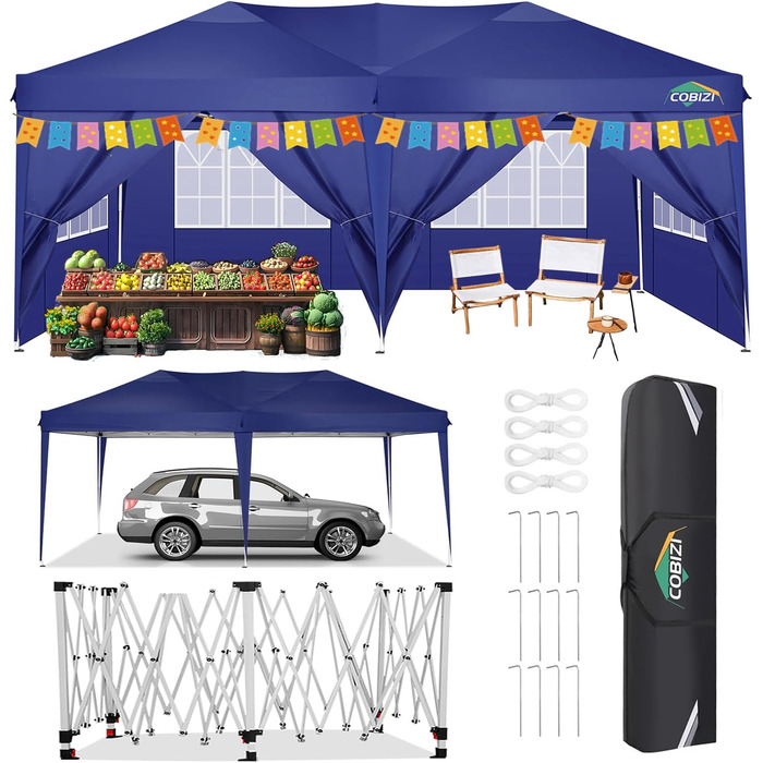 COBIZI Pavilion 3x3 Waterproof Folding Pavilion with 4 Side Panels Outdoor Folding Pavilion Stable UV Protection 50+ Pop-Up Garden Pavilion Party Tent for Outdoors, Garden, Party, Wedding, Market (Navy Blue, 3x6m)