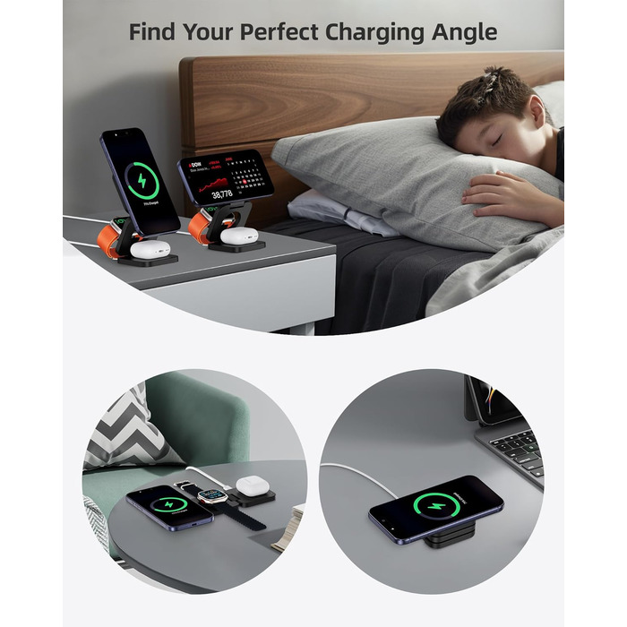 Зарядний пристрій KU XIU X55 Turbo Qi2.2 25W 3-в-1 для Apple Watch, iPhone 17-12 та AirPods, магнітний складаний стенд, адаптер 45W (Чорний)
