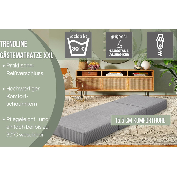 Badenia Trendline Foldable Guest Mattress with Durable Microfiber Cover, Öko-Tex Certified, 196 x 65 x 8.5 cm Sleeping Area, produced according to German quality standards. Height 8.5 cm (Light Gray - Cord, Height 15.5 cm)