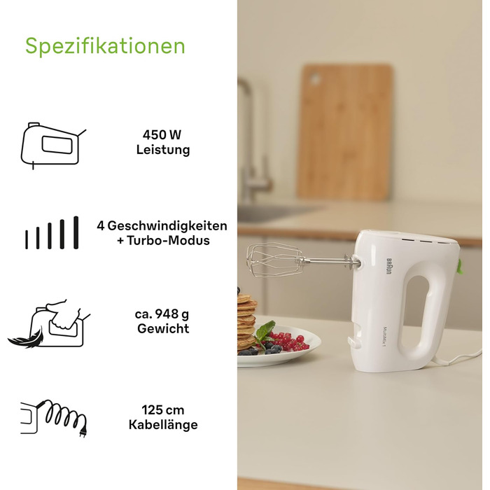 Braun Household MultiMix 1 HM 1100 WH Hand Mixer - Handheld Mixer with 4 speed settings plus Turbo, FastMix Technology, EasyClick, incl. whisk, one-hand operation, 450W, White White MultiMix 1 - incl. whisk