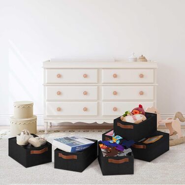 Ghvyenntte Storage Baskets (6 Pieces), small fabric storage baskets, foldable, 30 x 20 x 13 cm, organizer baskets with PU handles, decorative square baskets for closet, shelves, cabinet (Small-11.8