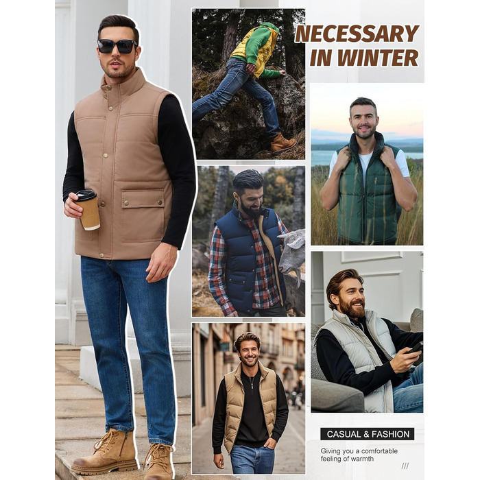 Xnova Тепла зимова жилетка для чоловіків з флісовою підкладкою Sherpa, жилетка-куртка, для полювання, роботи, на відкритому повітрі, хакі, розмір L