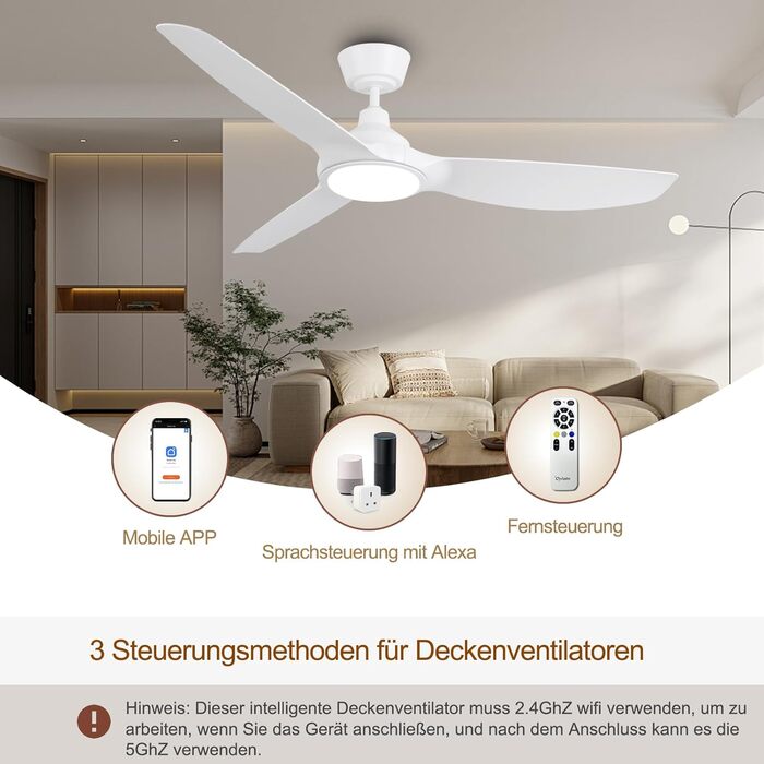 Ovlaim Стеляний вентилятор з підсвіткою та пультом дистанційного керування, Smart вентилятор, зимовий режим, DC мотор, сумісний з Alexa/Google Home, 142см (стійка, сяючий білий)