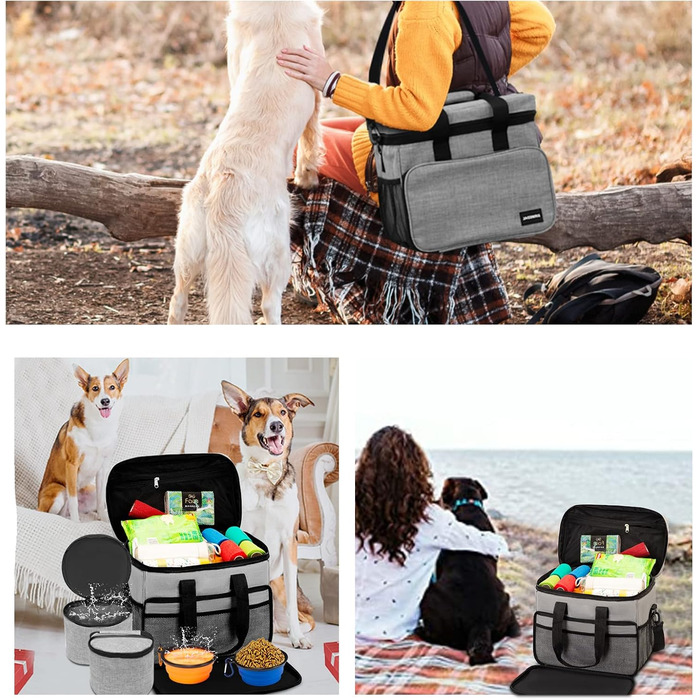 Набір для подорожей з собакою: сумка-переноска, миски та контейнери для їжі. Сірий, L