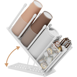 Ovicar Cup and Lid Holder – Adjustable Coffee Cup Holder, Organizer, 4 Compartments, Disposable Cup Dispenser with Coffee Capsule, Straw, Storage Basket for Coffee Station, Bar, Countertop, (White)