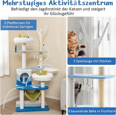 Кігтеточка для котів COSTWAY Ocean-серія з будиночком, гамаком та іграшками, блакитна (59x49x165 см)