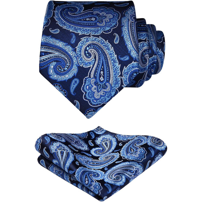 Краватка чоловіча HISDERN 160 см, з кишеньковим хустинкою, для весілля та бізнесу, шовкова, елегантна, синій візерунок Paisley