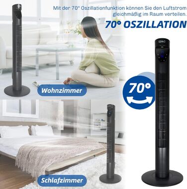Вентилятор Tower з пультом, LED-дисплеєм та таймером, 3 режими, 70° осциляція, 50 Вт, 97.5 см, Чорний