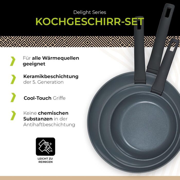 Набір сковорідок Be Living Delight 4 шт. (20/24/28 см + вок 28 см з кришкою), антипригарне покриття з кераміки, для індукційних плит, без PTFE та PFOA, чорний