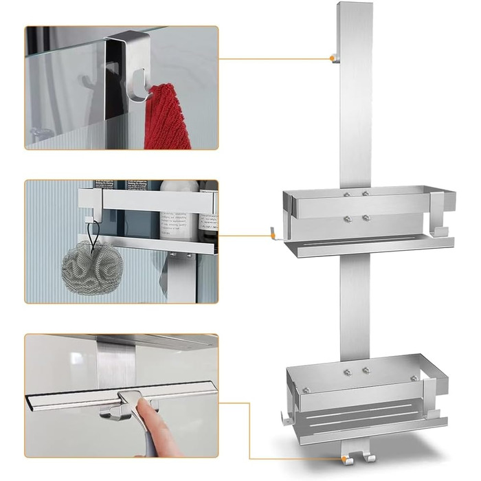 Полка для душу Melko з нержавіючої сталі без свердління, дзеркальний захист, кріплення для шампуню з гачками, підходить для душової кабіни з безрамковою скляною дверцями, антикорозійна, тримач для бритви та рушників