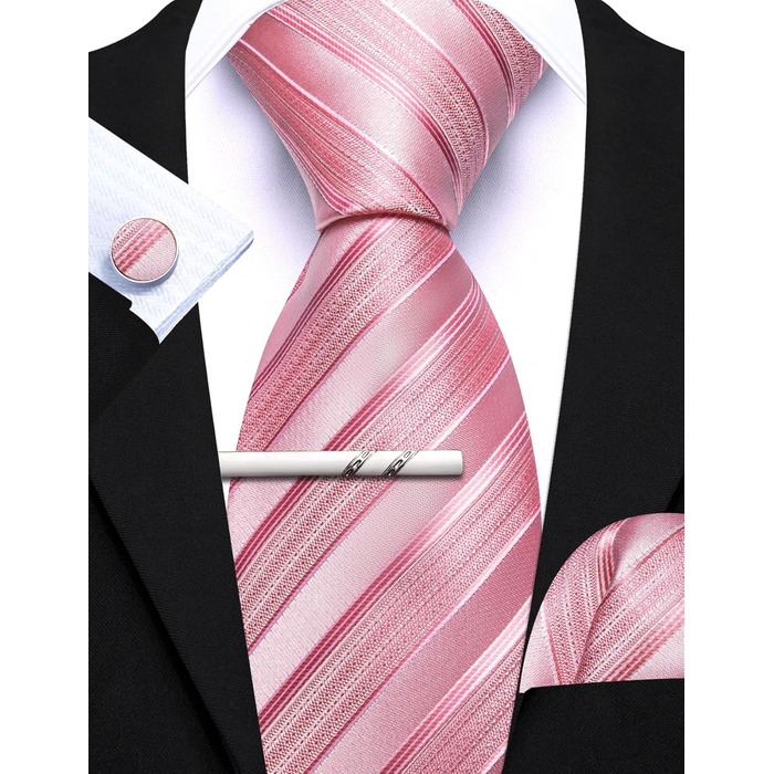 Краватка з хустинкою та запонками Barry.Wang для ділового стилю, набір у смужку та клітинку, для свят та весілля (рожеві смуги)