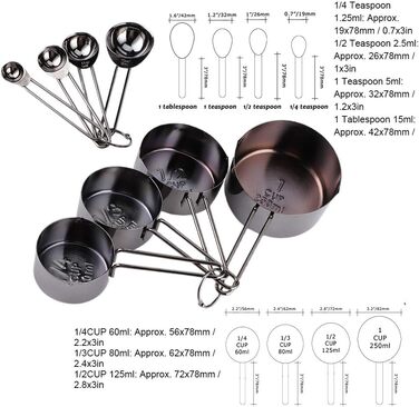 8-Piece Measuring Cup and Spoon Set, Measuring Spoons and Cups Made of Food-Grade Stainless Steel with Scale, Small Measuring Cups with Angled Spout (338g - Black)