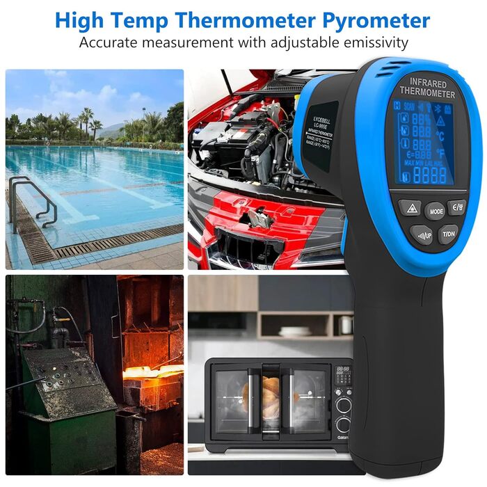 Інфрачервоний термометр 985E -50°C до 800°C з лазером, подвійний лазер, регульована емісійність, 20 комірок пам'яті, безконтактний для промисловості, піци, кухні (12 годин роботи від акумулятора) LC-985E