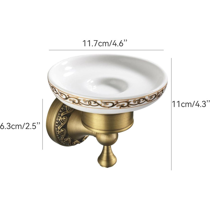 Brass toothbrush holder, antique bronze, cup holder with white ceramic cup, wall-mounted, bathroom accessory, patterned carved design (soap dish)