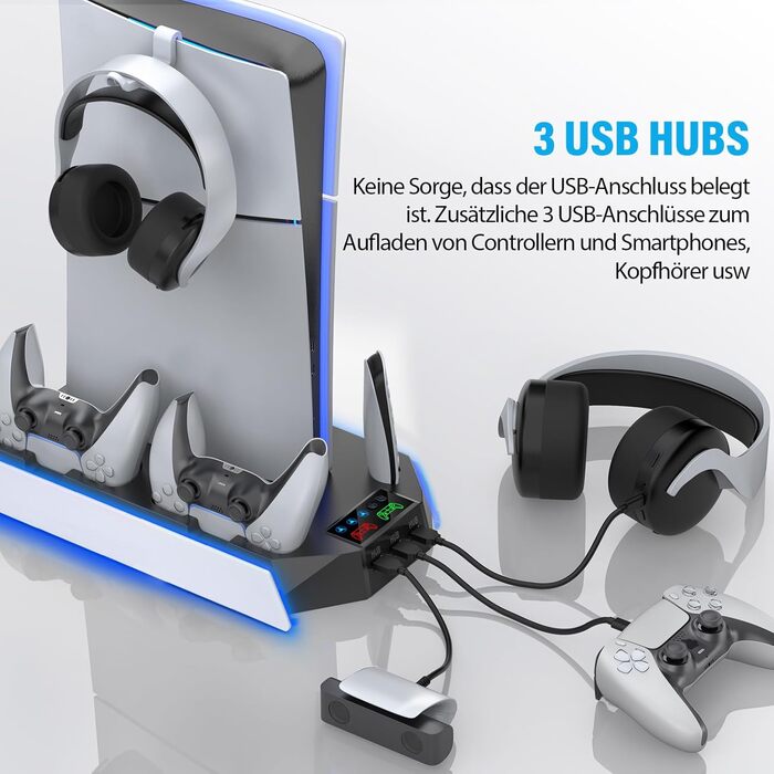 Підставка для PS5 Slim/Pro з зарядною станцією для контролера PlayStation 5 (Disc/Digital), аксесуари PS5 з RGB підсвіткою, вентилятор, тримач для навушників, USB хаб, чорно-білий, Q511