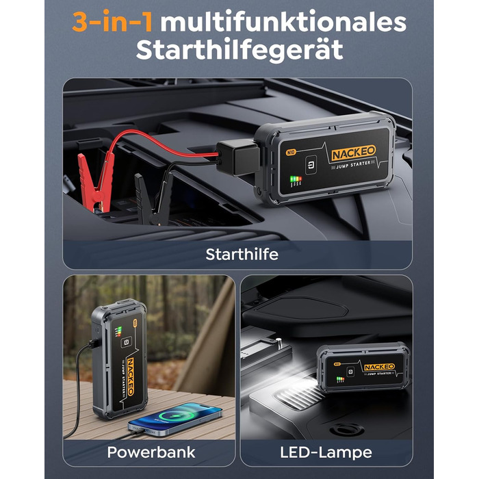 Портативний акумулятор Starthilfe для автомобіля, 12V, бустер для запуску двигуна (бензин до 10L, дизель), з кабелями та LED ліхтариком, для SUV, вантажівок, мотоциклів (5000A)