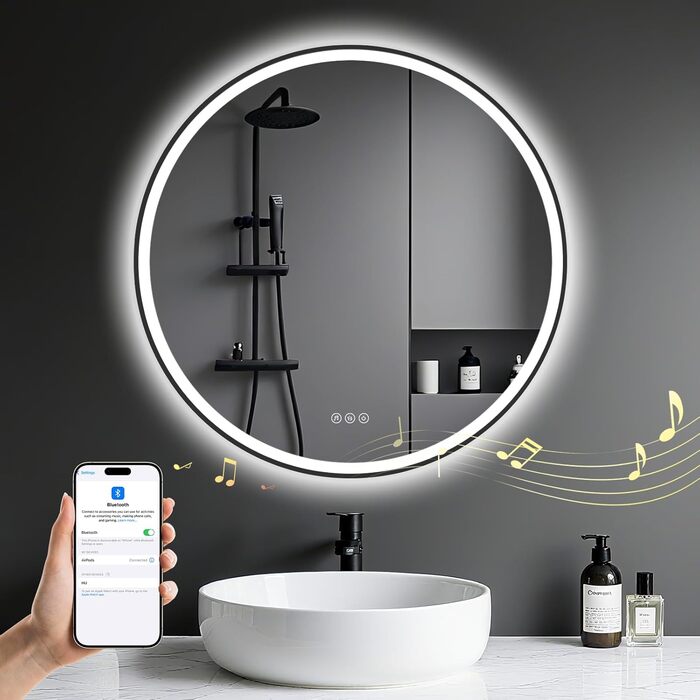 Дзеркало для ванної кімнати з підсвічуванням LED, антизапар, сенсорне керування, регулювання яскравості, 3 кольори світла, функція пам'яті, захист від вибуху, кругле дзеркало 50см (металевий каркас+bluetooth)