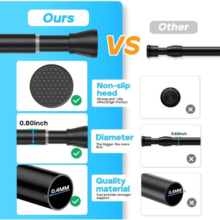 Штанга для карниза без свердління 113-196 см, телескопічна, для душу, фіранки, вікна, кухні, шафи. Набір (4 шт., 41-66 см, чорний)