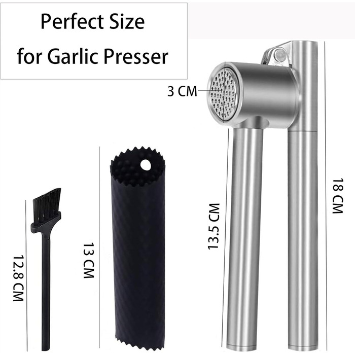 Прес для часнику з нержавіючої сталі, кухонний аксесуар, 18 см, подрібнювач часнику з очищувачем та щіткою, придатний для миття в посудомийній машині, срібний