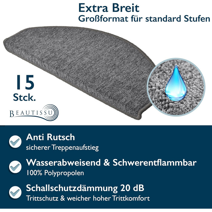 Beautissu Stair Treads - 55x15 cm - 15 Pack - Non-Slip Indoor Stair Mats - Carpet Stair Treads for Narrow Stairs - ProStair - Grey