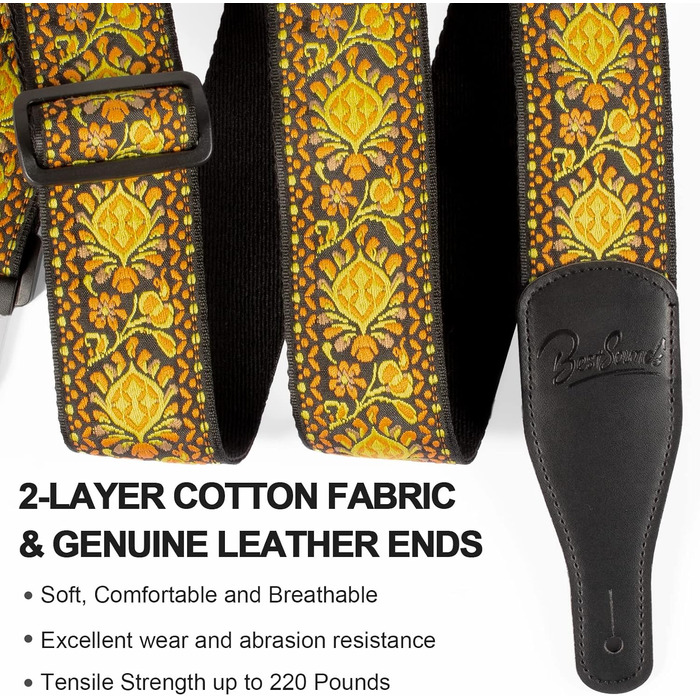 Гітарний ремінь Jacquard з бавовни з шкіряними кінцями для бас-гітари, акустичної та електрогітари, жовтий