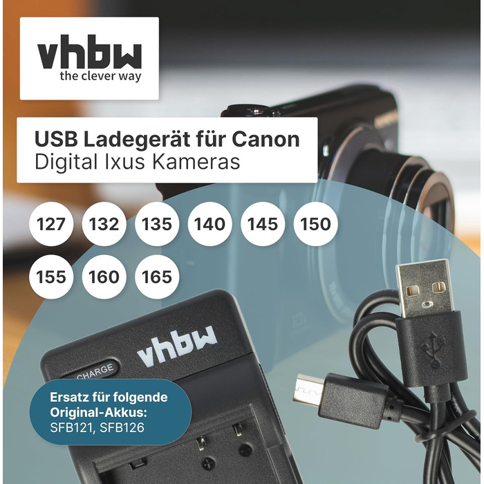 Зарядний пристрій vhbw сумісний з Canon PowerShot A2600, A2500, A2300, A3400, A2400 – для камери/відеокамери, акумулятор, зарядний футляр, індикатор заряду, 4.2V