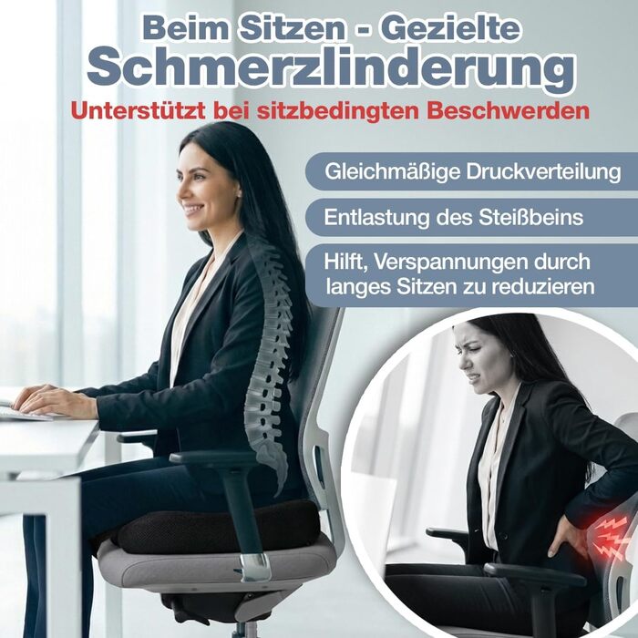 Ортопедична подушка для сидіння Steißbein з Memory Foam, 3 ступені жорсткості. Для офісного крісла, авто, дому. Розвантаження при тривалому сидінні. Чорний, 60-90 кг.