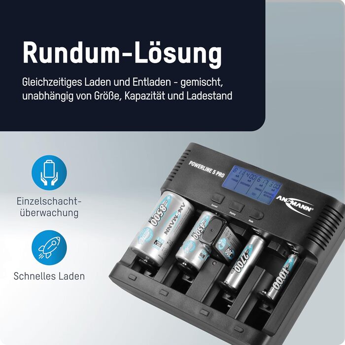 Зарядний пристрій ANSMANN Powerline 5 Pro для акумуляторів NiMH/NiCd з LCD-дисплеєм та мікропроцесорною технологією, багаторазовий захист