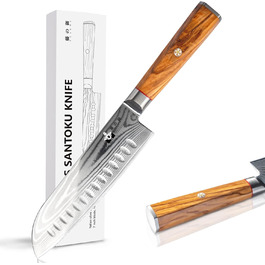 Ніж кухонний FUJUNI Santoku 18 см з лезом з дамаської сталі VG-10, ручка з оливкового дерева, подарункова коробка