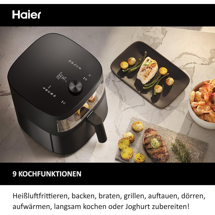 Аерофритюрниця Haier 7 л з вікном, 9 програм, 1700 Вт, LED-дисплей, без олії, для здорового приготування, серія 5 HAF5TWA3, посудомийна, з аксесуарами