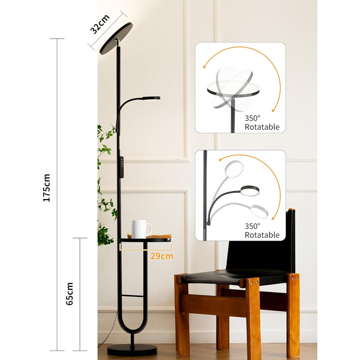 Стійка лампа LuminexDesigns з регулюванням яскравості, 36W+7W LED, 3200LM+600LM, 2700K-6500K, чорний колір. Сучасна підлогова лампа для вітальні з пультом дистанційного керування та функцією настільної лампи.