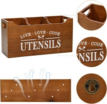 Karisky Kitchen Utensil Holder with Drainage Bottom, Large 3-Compartment Solid Real Wood Utensil Organizer for Countertop, Cooking Tools for Farmhouse Kitchens, Brown