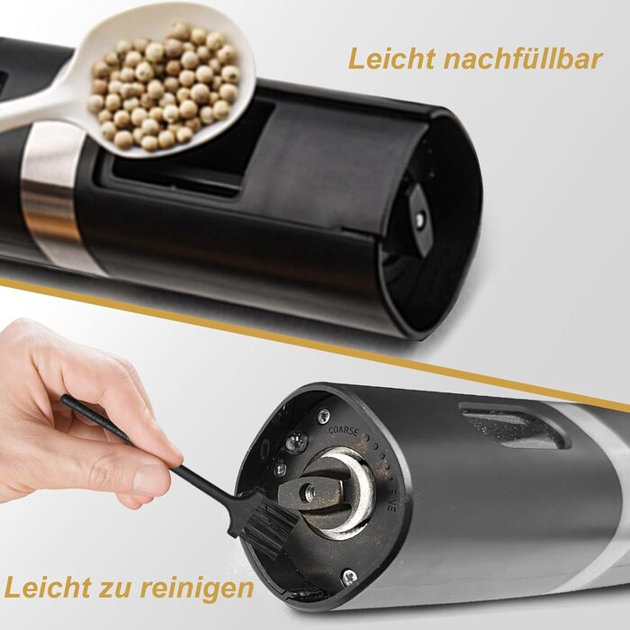 Електричні млини для солі та перцю 2 шт. Набір, батарейне живлення, LED-підсвічування, регулювання помелу, чорний (Стиль 2)