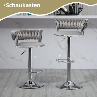 Adjustable Velvet Bar Stools 2-Pack with Backrest & Armrests - Ergonomic Swivel Bar Stools with Handwoven Velvet & Gold Legs for Kitchen Island, Bar, Restaurant - Includes Footrest (Silver, Grey)