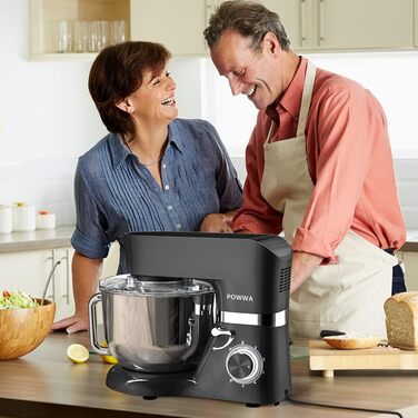 Кухонна машина POWWA 6.2L: міксер, тістоміс, 6+1 швидкість, 1500W, з набором насадок (чорний)