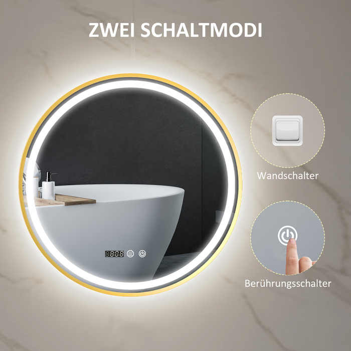 HOMCOM Round Bathroom Mirror with LED Lights, Anti-Fog Function, Touch Controls, and Display