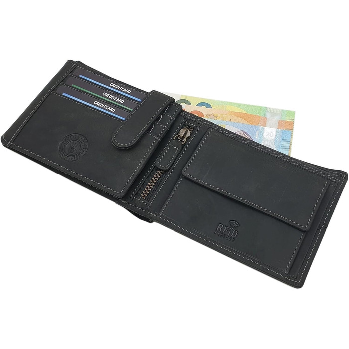 myledershop Genuine Buffalo Leather Wallet/Bifold Wallet/Card Holder/Money Bag in Portrait or Landscape Format with Wolf Motif and RFID & NFC Protection (Model 2 / Landscape/Black)