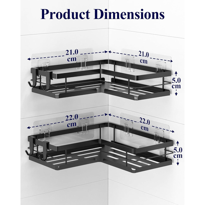 Поличка для душу Kitsure без свердління – 2 шт. Стабільне душове решітка без свердління з швидким стоком, нержавіючою статтю та міцним клейким кріпленням для ванної кімнати, 22,0 x 22,0 x 5,0 см, Чорний