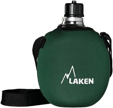 LAKEN Aluminum Water Bottle with Neoprene Sleeve (1 l, Green, Red, Blue), for Hanging, ideal for Sports, Mountains, and Military