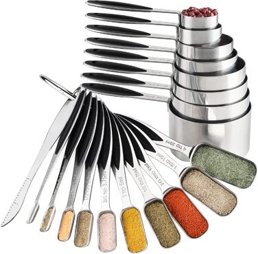 Stainless Steel Measuring Cup and Spoon Sets, Measuring Cups, Spoons, and Measuring Ruler for Dry and Liquid Ingredients, 19-Piece Set