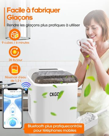 Smart Ice Maker Machine with WiFi Control - 15KG Daily Capacity, Fast Ice Production (9 Cubes in 6 Minutes), Self-Cleaning, 2 Ice Sizes for Kitchen, Office, Bar, Party, RV (White)