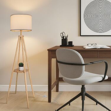 Стійка лампа для вітальні з полицею, диммування 2700K-6500K, дерев'яний каркас, з полицею та пультом дистанційного керування. Стійка світло для вітальні, спальні, офісу, дерево