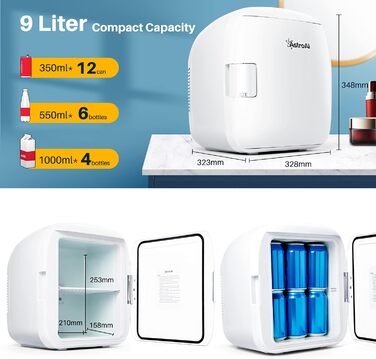 AstroAI Міні холодильник 9 літрів з охолодженням та нагріванням 12/230V для авто, дому, офісу та гуртожитку (білий)