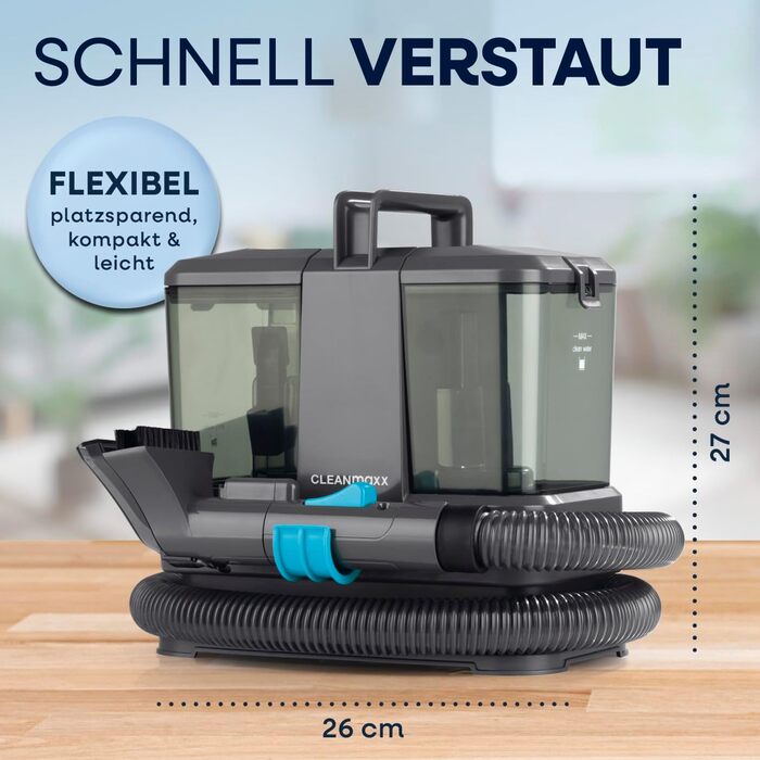 CLEANmaxx Професійний пароочисник для меблів та килимів Pro Steam | 3-в-1: очищувач меблів, точковий очищувач, пральний пилосос | Видаляє плями з килимів, авто, диванів тощо. (Чорний з шампунем, компактний 330W)